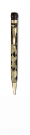 Two cream and bronze marbled celluloid mechanical pencils with gold-filled deco band at top, the first Long Island, the second a ""golf